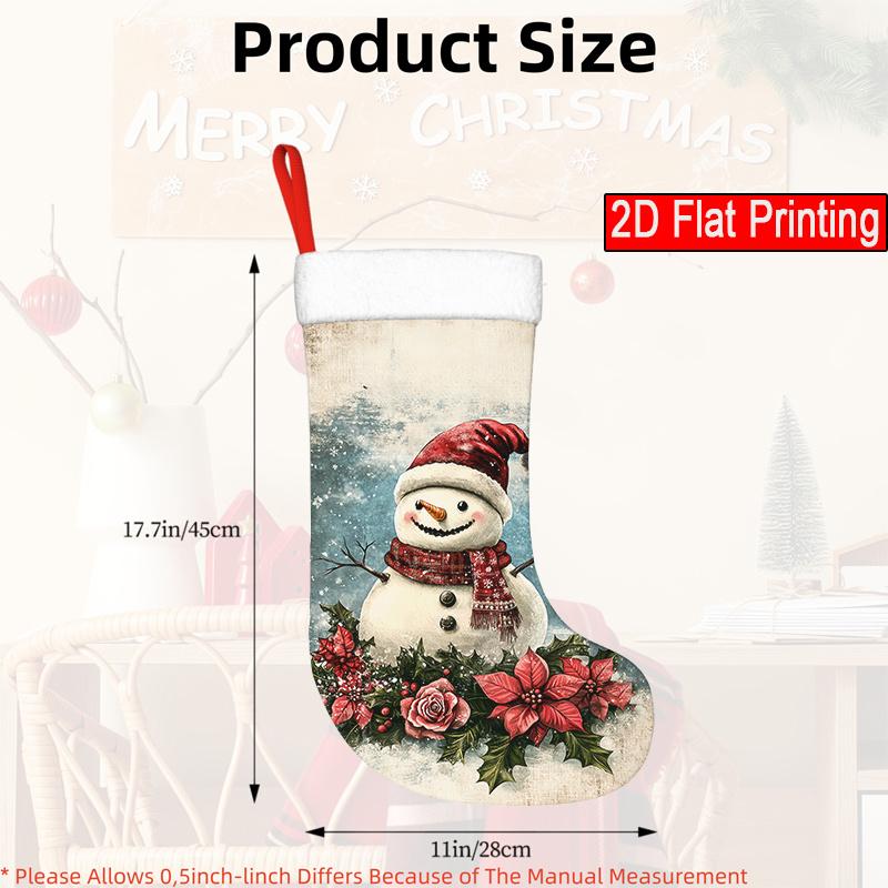 Christmas Decoration Fireplace Hanging Stocking1pc Snowman & Poinsettia Christmas Stocking Ornament - Red & Wh