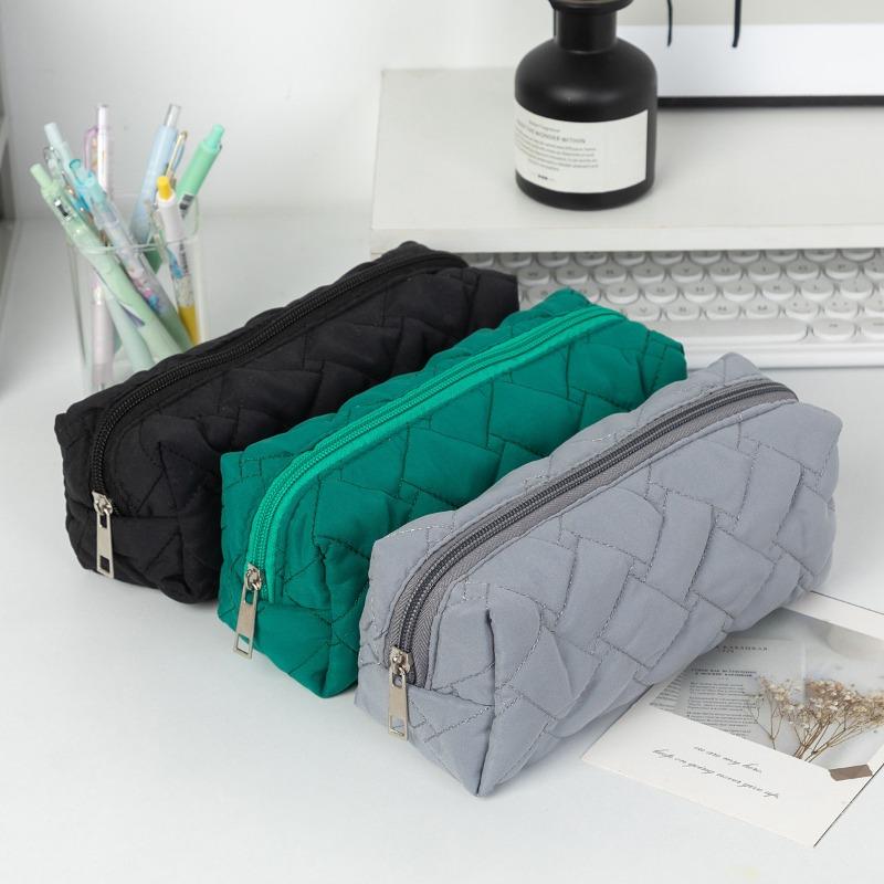 Quilted Geometric Pattern Large-capacity Student Stationery Bag Pencil Case Solid Color Stationery Simple Storage Bag Stationery Box New
