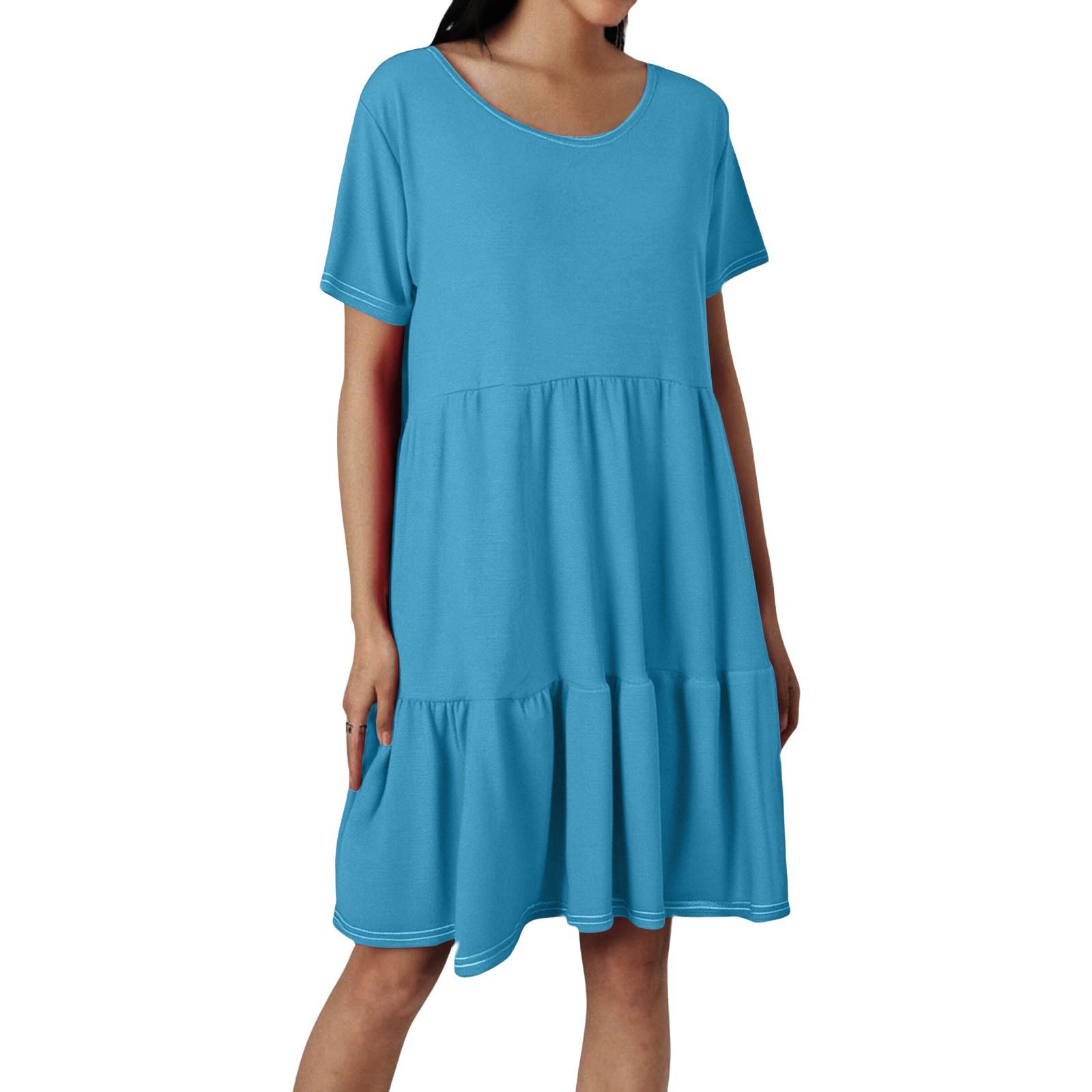 

Женские модные повседневные платья с круглым вырезом и коротким рукавом с оборками L небесно-голубой