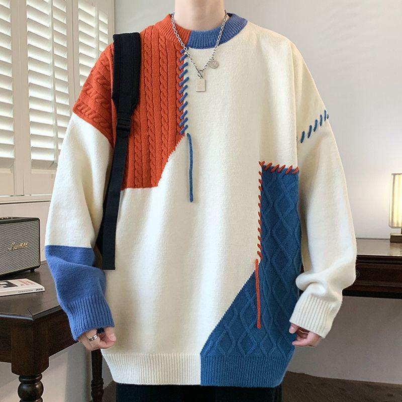 

Men s Autumn/Winter Color Block Patchwork Knit Sweater - Trendy, Comfortable, Plus Size, Round Neck 8XL (280-300 jin) помаранчевий