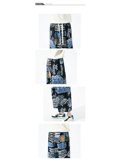 2022 Men's Summer Chinese Print Cotton Linen Capri Pants, Plus Size, Casual Wide Leg Style