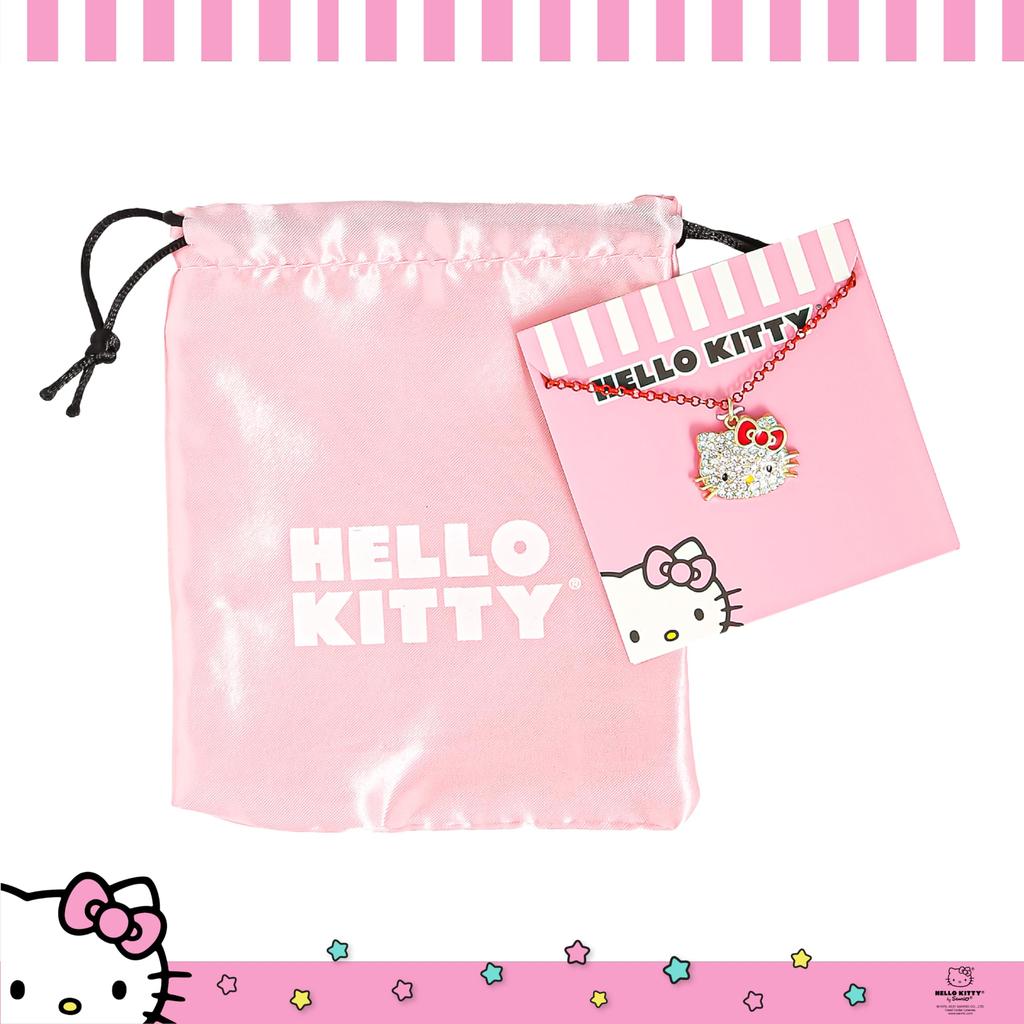 Hello Kitty Sanrio Pave Crystal Pendant Necklace for Women, Officially Licensed, 16-inch + 3-inch Glitter Necklace, Enamel Plated, Gold Plated,