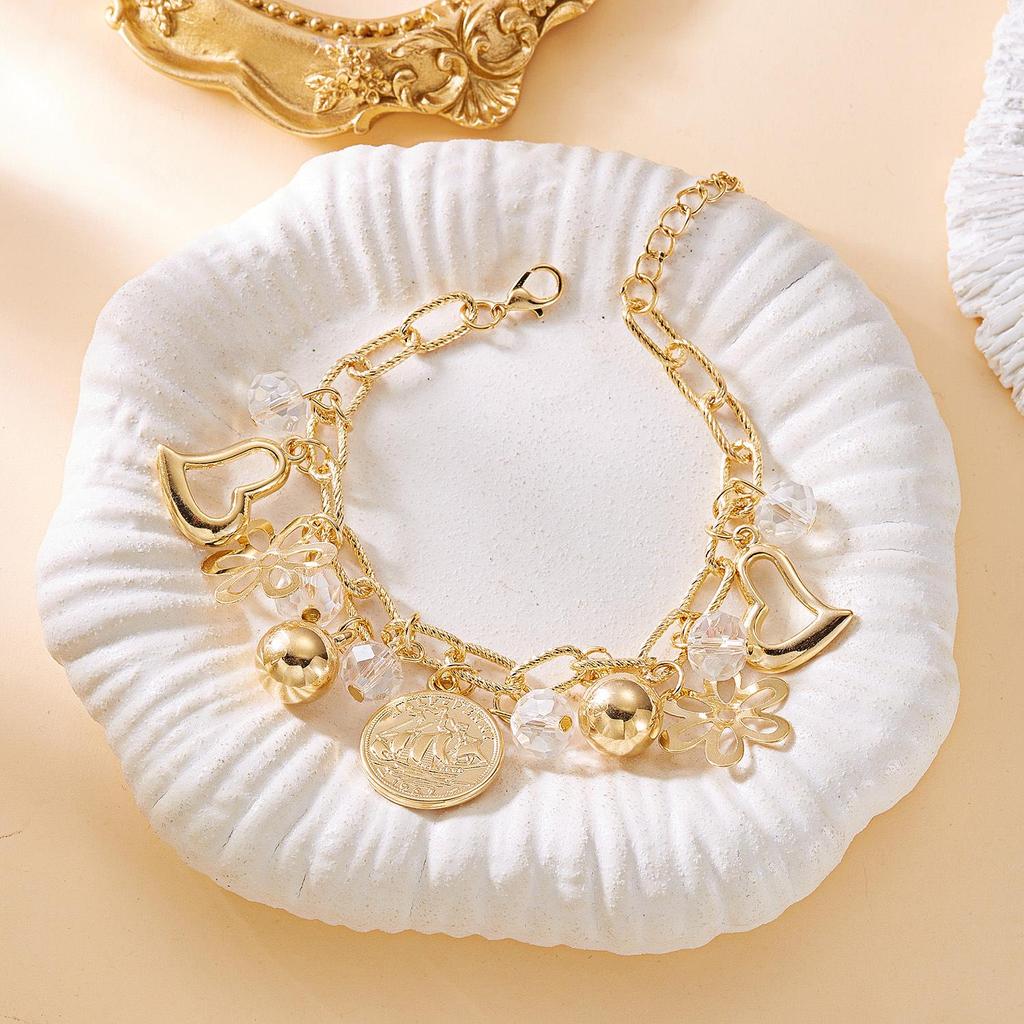 Retro Star Pearl Crystal Multi-Layer Bracelet with Heart & Round Ball Charms