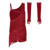 Children‘s Sparkly Rhinestone Latin Outfit Sleeveless Asymmetric Neck Sequin Tassel Bodysuit and Mesh Gloves for Stage Performance