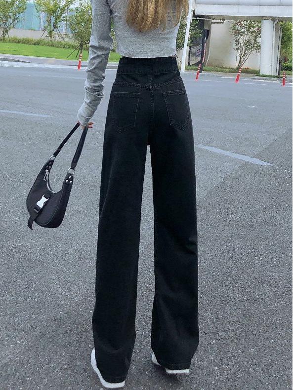 Women's Black Wide-Leg Jeans: 2025 Spring/Autumn High-Waisted Slimming Loose Floor-Length Pants