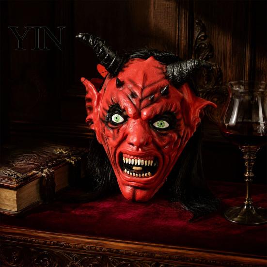 Spooky Halloween Cosplay Props Satan Devil Mask, Realistic Full Head Latex Costume with Long Evil Demon Mask for Horns And Fangs, Scary Party Haunted