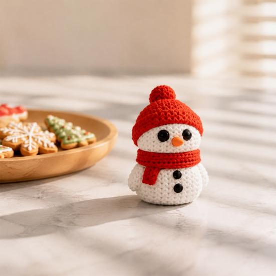 Festive Snowman Decor 3D Printed Knitted Figurine, Christmas Statue with Red Knit Decorative Hat and Scarf, Mini Sculpture for Holiday Desk Decoration
