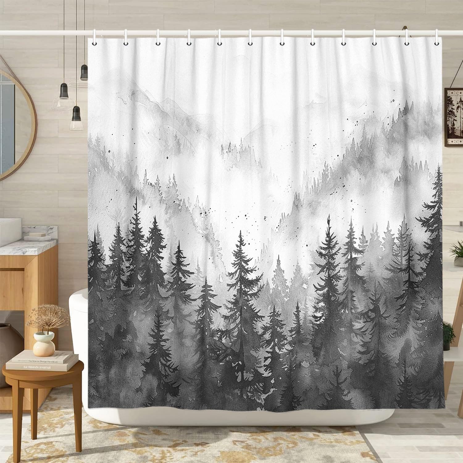 

Green Misty Forest Shower Curtain Nature Scene Shower Curtains For Bathroom With Mountains Trees, Fabric Bathroom Decor Set Wi 90x180cm