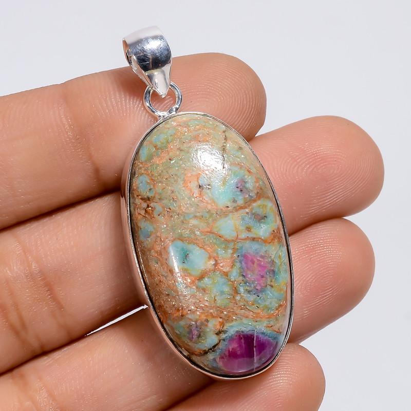 

Marvellous Top Grade Qualite 100% Natural Ruby Fuchsite Oval Shape Ethnic Style Handmade Jewelry 925 Steling Silver Pendant 1.7 WSJ-4951 1.7