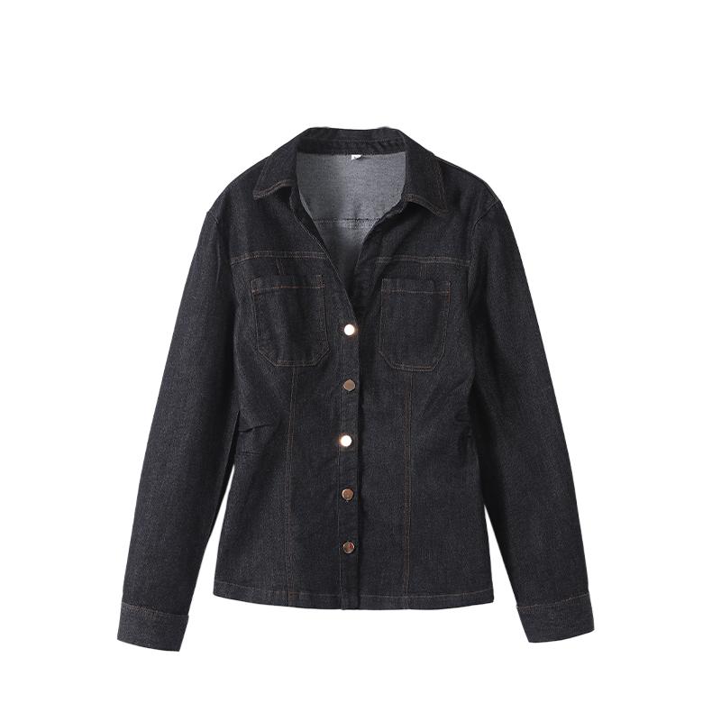 

Рубашка поло с воротником-стойкой из тонкого денима для женщин с длинным рукавом Jcaket Commute, однотонный короткий топ, простые повседневные блузки, весна и лето, новая мода S