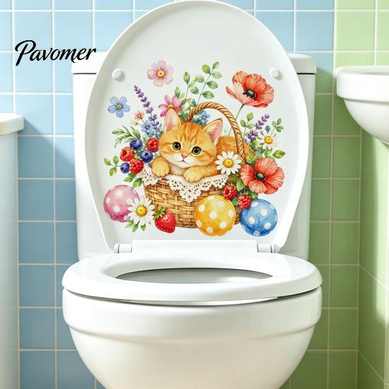 Decorative Stickers for Ceramic Tiles Cute Kitten Flower Basket Toilet Seat Sticker, Waterproof Lid Tank Wall Decals, Self-Adhesive PVC Bathroom