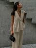 Women 2 Piece Outfit Sleeveless V-Neck Button Vest Top Long Pants Set Solid Color Cotton Elegant Commuter Suit
