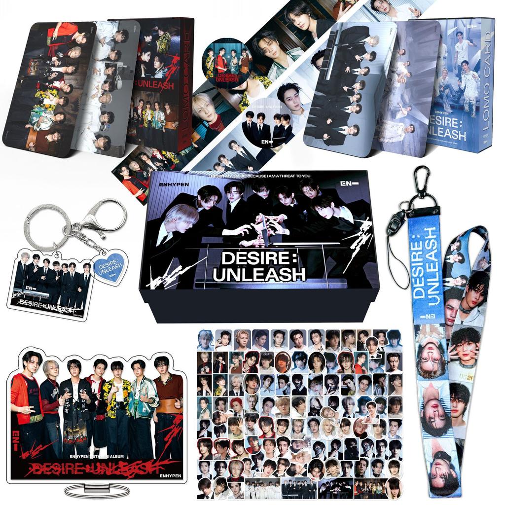 ENHYPEN WUNSCH: UNLEASH Merch Geschenkbox Set - 5. Mini-Album Lomo-Karten Aufkleber Schlüsselanhänger Lanyard Ständer Abzeichen K-Pop Merchandise ENGENE Geschenk