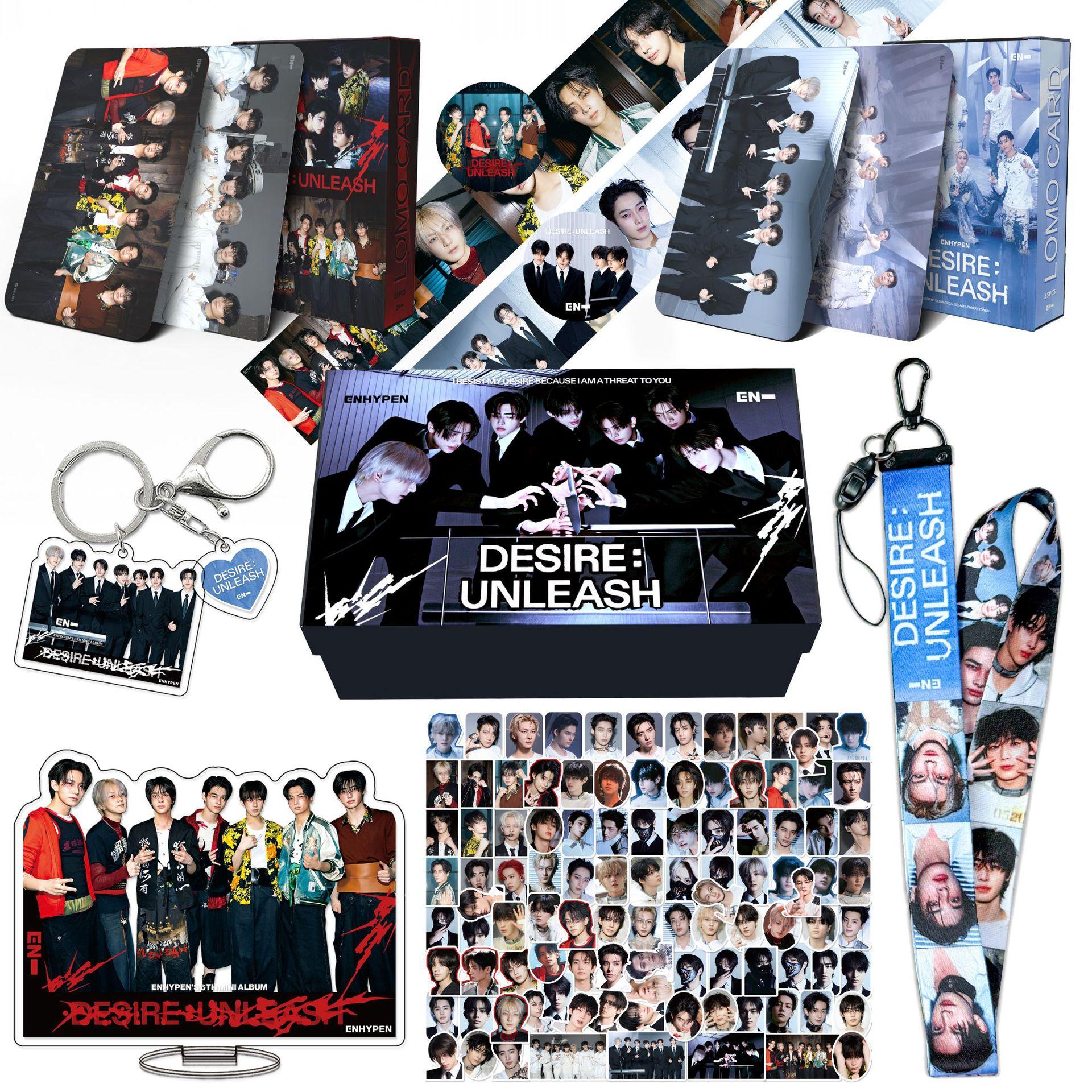 ENHYPEN DESIRE: UNLEASH Merch Geschenkbox Set - 5. Mini-Album Lomo-Karten Aufkleber Schlüsselanhänger Lanyard Ständer Abzeichen K-Pop Merchandise ENGENE Geschenk black