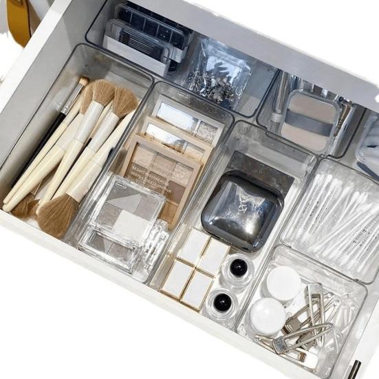 Sada organizérů do zásuvek Velká kapacita Stohovatelný design Víceúčelové Průhledné úložné boxy Organizér na kosmetiku