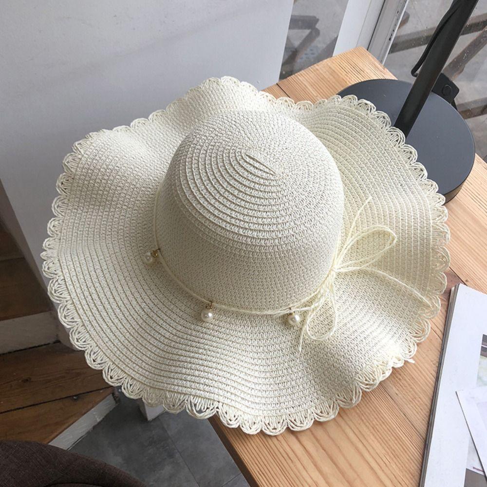 French Style Pearls Strap Straw Hat Wide Brim Women's Sun Hat Ins Folding Straw Hats  Girls