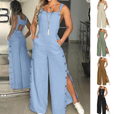 Women's Sleeveless Wide Leg Jumpsuit with Side Pockets And Button Closure Solid