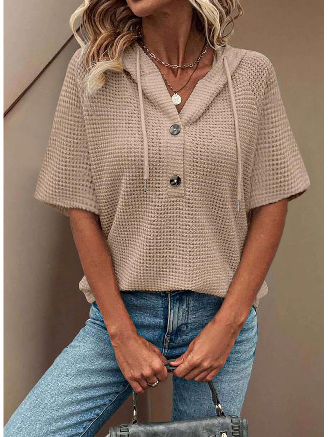 

Женская летняя толстовка с капюшоном из вафельной вязки - легкий топ с коротким рукавом, пуговицами, V-образным вырезом и шнурком XXL абрикосовый