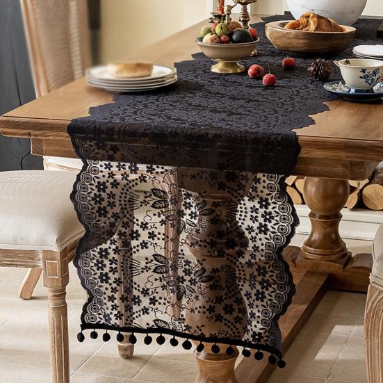 French Lace Table Runner Hollow Tassel Fringe Placemat Elegant Decorative Tablecloth Romantic Wedding Party Dining Table Dresser Buffet Decor