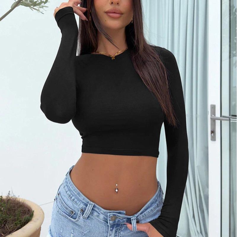 Spice Girl Solid Color Crew Neck Long Sleeve Button Top Slim Short Sexy T-Shirt Women