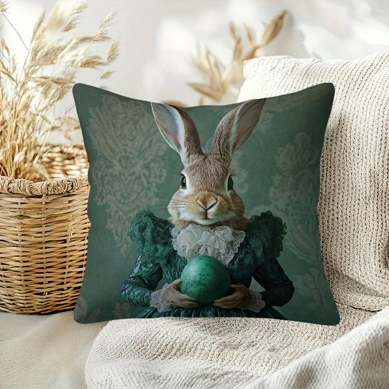 1Pc Easter Vintage Lady Rabbit Print Throw Pillow Cover,Suitable For Sofa,Bedroom,Living Room,A Retro Gift For Easter Lovers