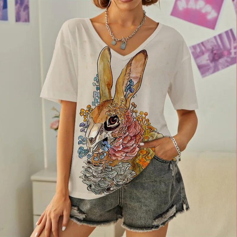 Summer New Casual Daily Versatile Pattern Rabbit 3D Printed Short Sleeved V-neck T-shirt
