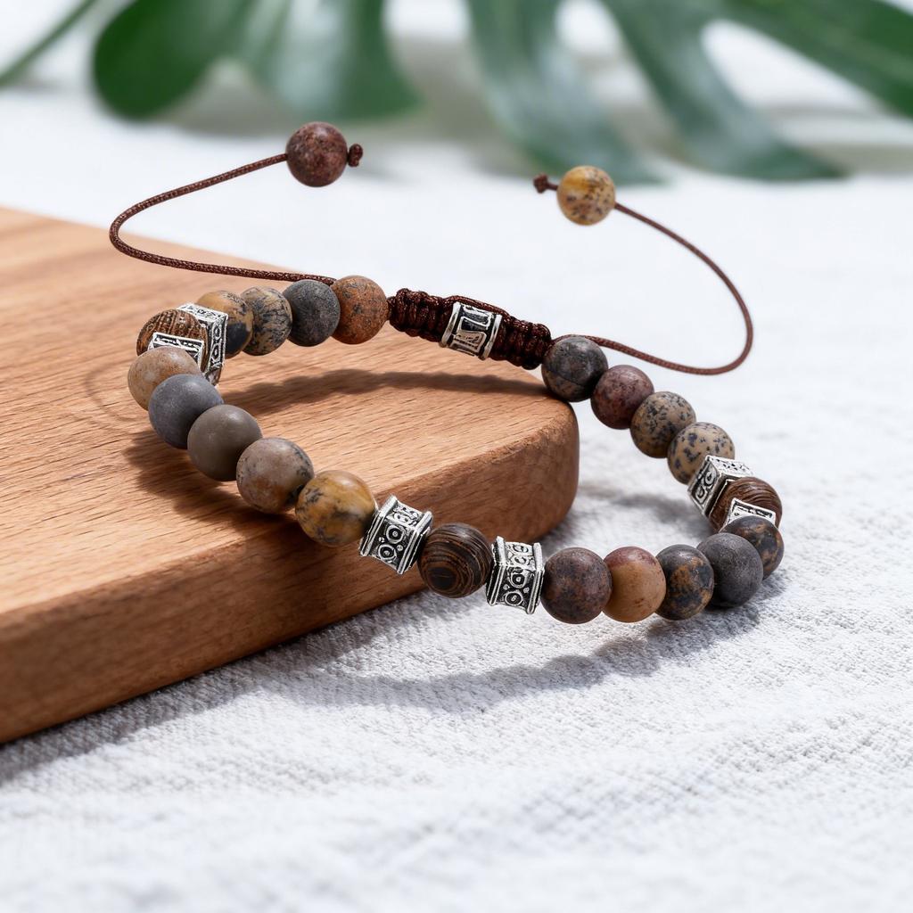 Vnox Natural Stone Beaded Bracelet for Men Women, Zinc Alloy Spacer Beads, Adjustable 17-33cm, 6.6mm Beads Trendy Jewelry Gifts