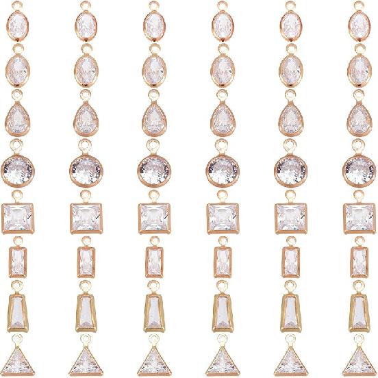 NBEADS 60 Pcs 6 Styles Cubic Zirconia Link Charm, Brass Micro Pave Charms Clear Cubic Zirconia Links, Horse Eye Square Rectangle Trapezoid Round Oval