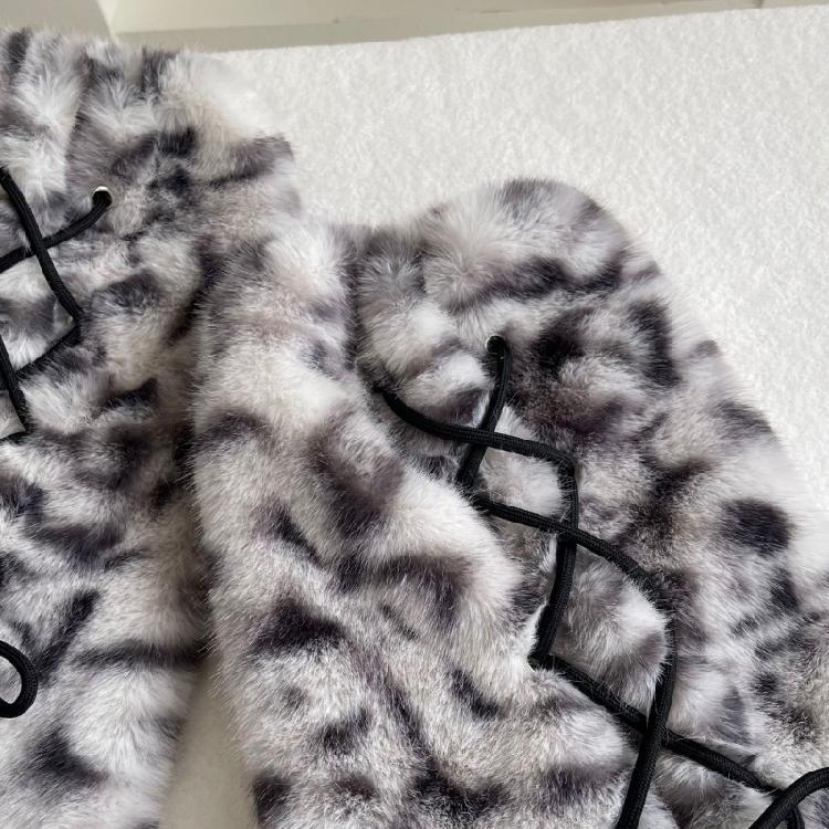 Dicke Damen-Beinwärmer für kühles Wetter aus Kunstpelz mit Plüsch-Leopardenmuster und gekreuzter Schnürung, Warme Stiefelüberzieher Socken für Lagenlook