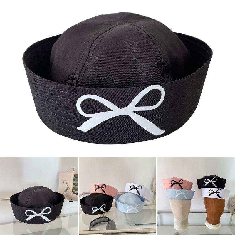 Uniform Beret Hat for Women Breathable Sailor Hat Girl Bowknot Print Domed Hat Subcultures Roleplay Headwear