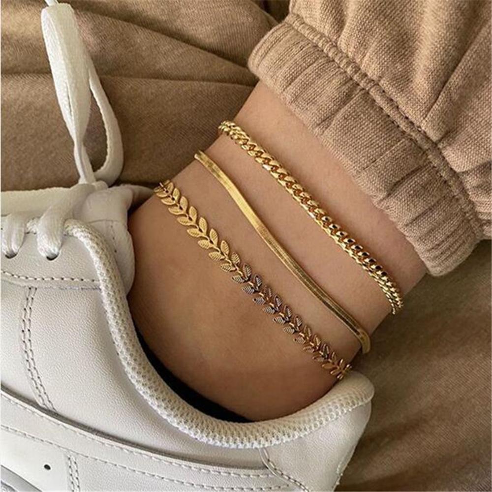 SUMENG 2024 New 3pcs/set Gold Color Simple Chain Anklets For Women Beach Foot Jewelry Leg Ankle Bracelets Accessories
