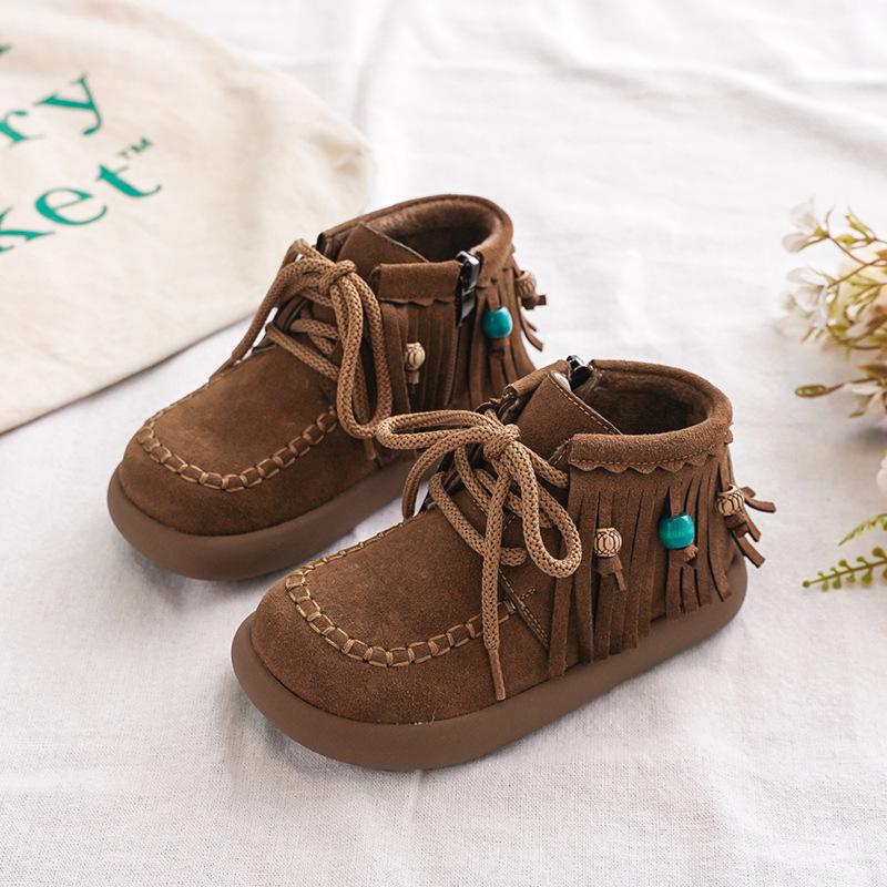 2025 Girls' Retro Style Suede Leather Boots with Beaded Tassel - Autumn/Winter Collection