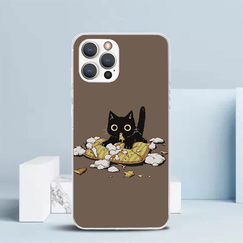 Cartoon Cute Black Cat Phone Case For IPhone 16 17 Air 16E 15 14 Plus 13 Mini 12 11 Pro Max 7 8 + SE 2020 Soft TPU Back Cover 16