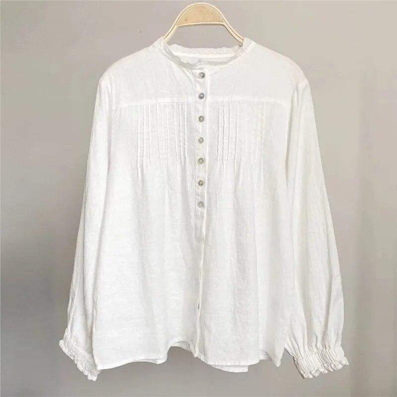 Johnature Frühling Frauen Shirts Tops Vintage Rüschen Casual Lose Plissee Feste Farbe Alle Spiel Frauen Blusen