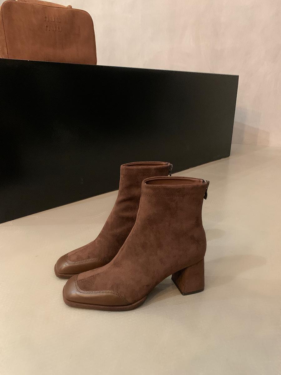 

High Heel Khaki Suede Skinny Short Boots Women s 2025 Autumn and Winter New Coffee Color with Skirt Martin Boots French Single Boots 39