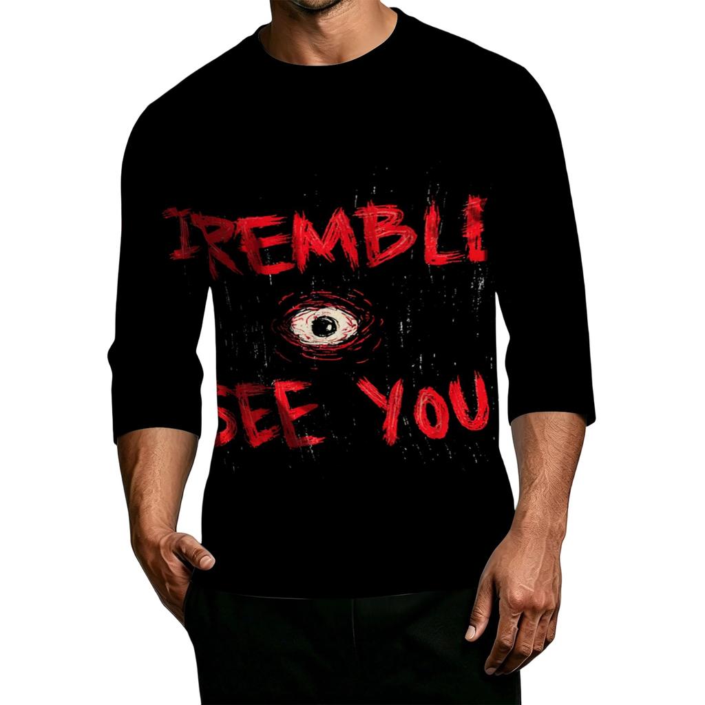 Men's Casual Halloween Printed Crew Neck T-Shirt Three Quarter Sleeve Top Comfortable Fit Lightweight Fabric Suitable for Daily Wear