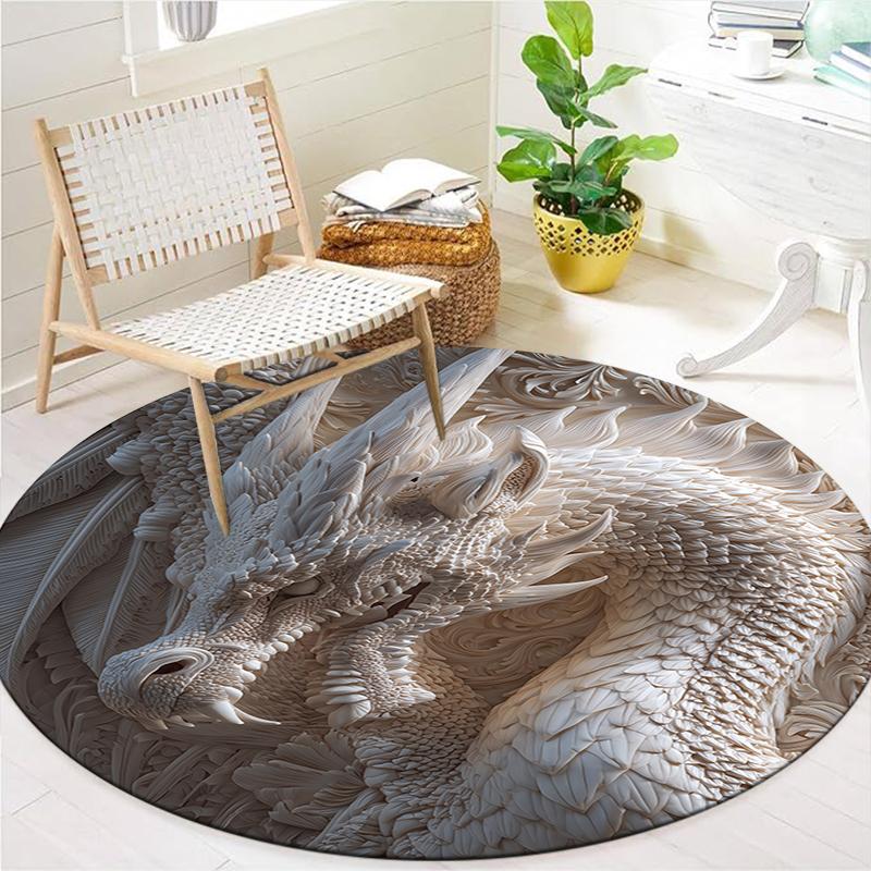 Stone Carving Leopard and Dragon Round Area Rug,Carpet Rug for Living Room Bedroom Sofa Playroom Decor,Non-slip Floor Mat