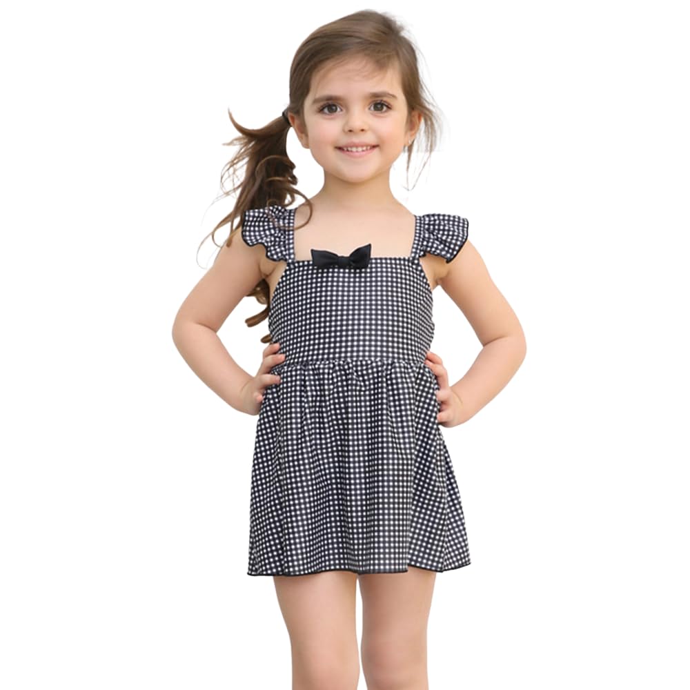 

RAVIR Kids Swimsuit for Girls, Shoulder Ruffle One-Piece Swimsuit with Gingham Check Pattern and Ribbon Accent, Black, Size 130