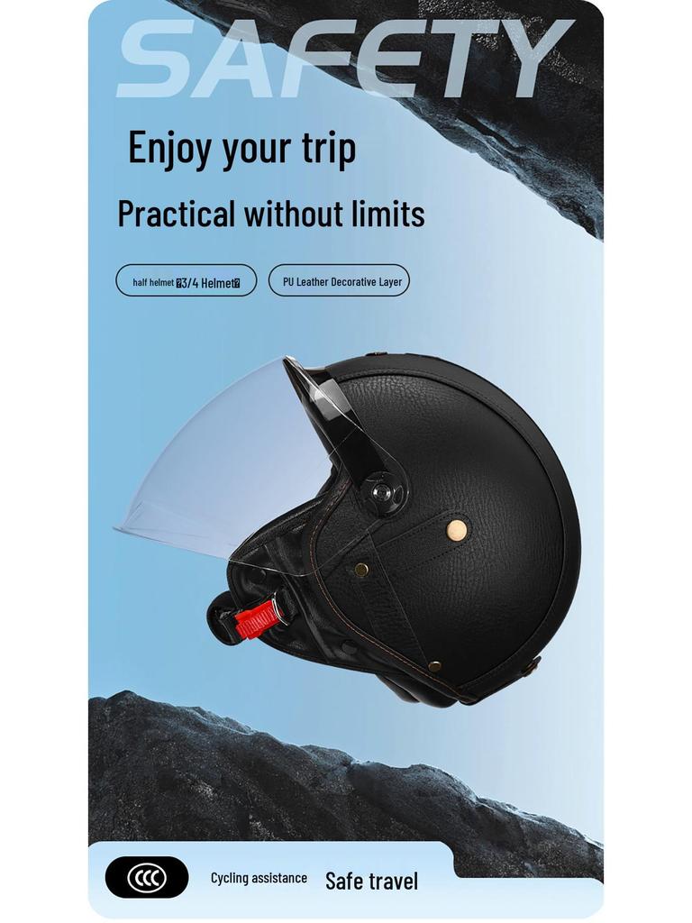 3C Certified Retro Motorcycle Half Helmet, Unisex Leather 3/4 Helmet, All-Season Warm Safety for Motorbikes & Electric Vehicles.
