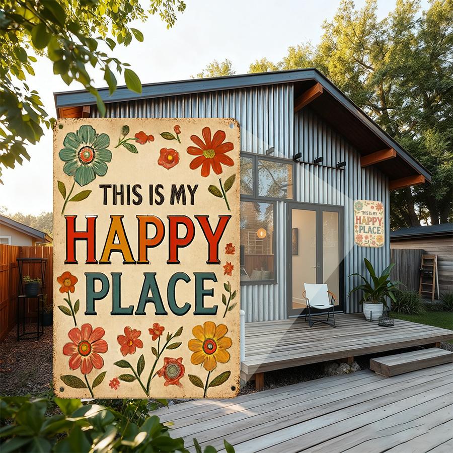 D Flat Retro Metal Sign This Is My Happy Place with Vibrant Floral Design X for IndoorOutdoor Wall Decor