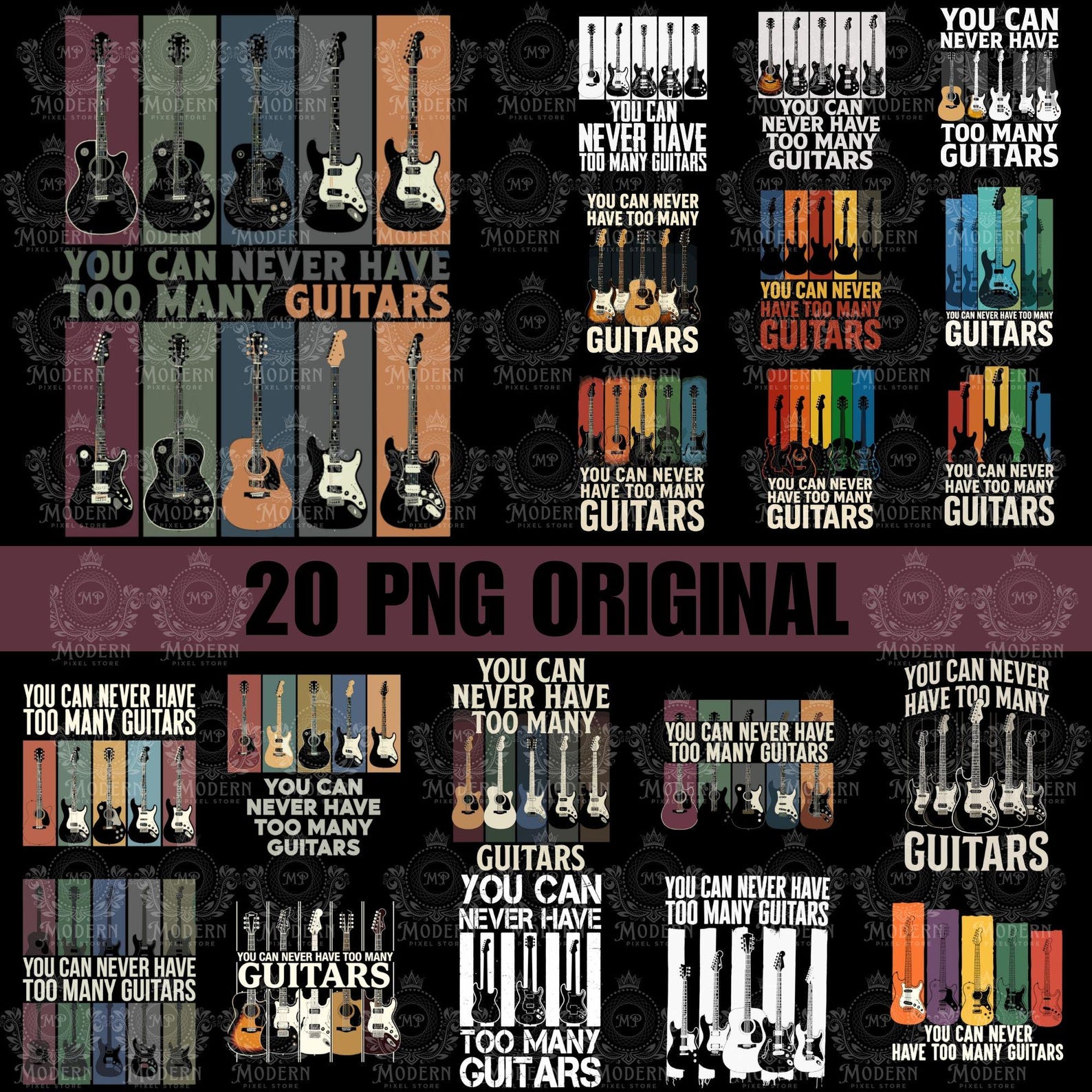 20 You Can Never Have Too Many Guitars Png, Guitar Png, Musician Png, Sublimation Design, Retro Png, T-Shirt Design, Digital Download Png 4XL