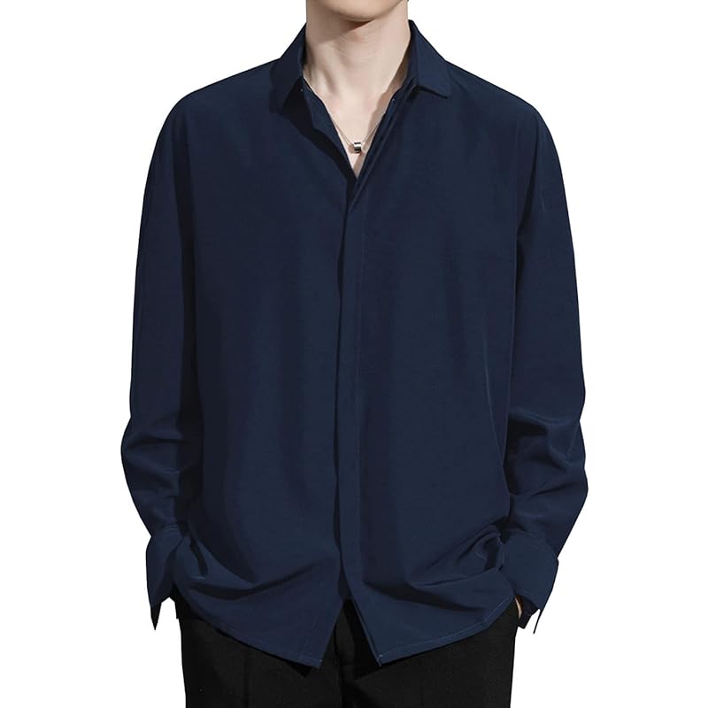

[EASTEMPO] shirt men s spring long sleeve casual business Relaxing Fashionable Plain color large size (JP, alphabet, M, navy)