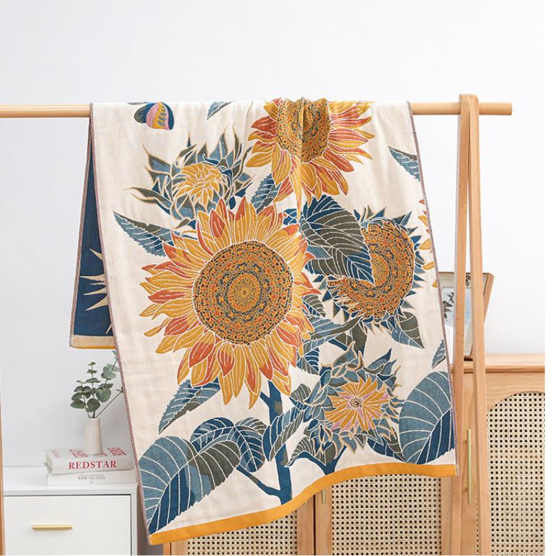 80x160cm Sunflower Bath Towel Five-layer Pure Cotton Gauze Large Towel Absorbent Quick-drying All Seasons Bathroom Wrap The Body