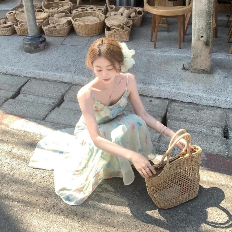 Dopamine Floral Suspender Dress Women's Xia Dingdal Dali Erhai Seaside Vacation Temperament Long Fishtail Skirt