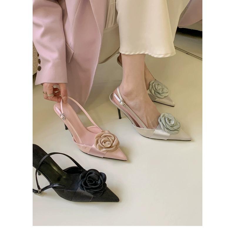 Fashion New Summer Fashion Silk Rose Flowers Pointed Open Toe Back Strap Sandals Women Red High Heels Wedding Prom Shoes Zapatos Mujer