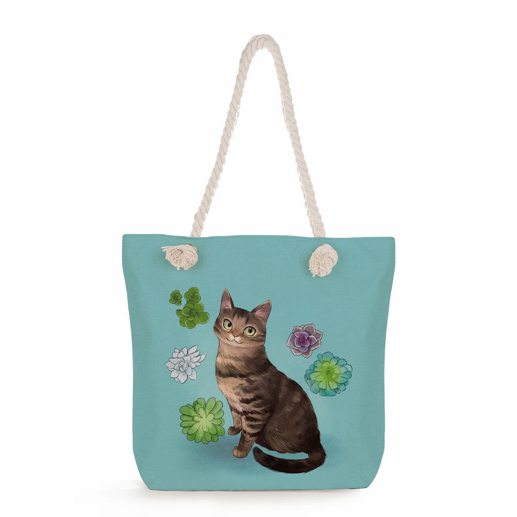 Cartoon cat print thick rope single-shoulder beach bag 7233