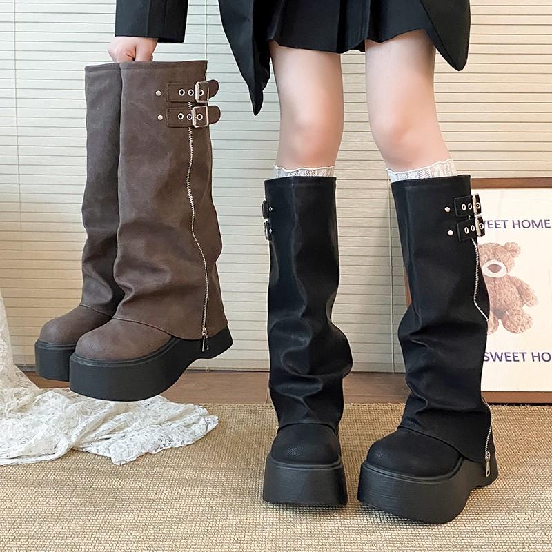 Fashion Retro Wide Tube Boot Women's Personality Small Size Long Boot Thick Bottom Heightening Fat MM Knight Boot PU Material Round Toe