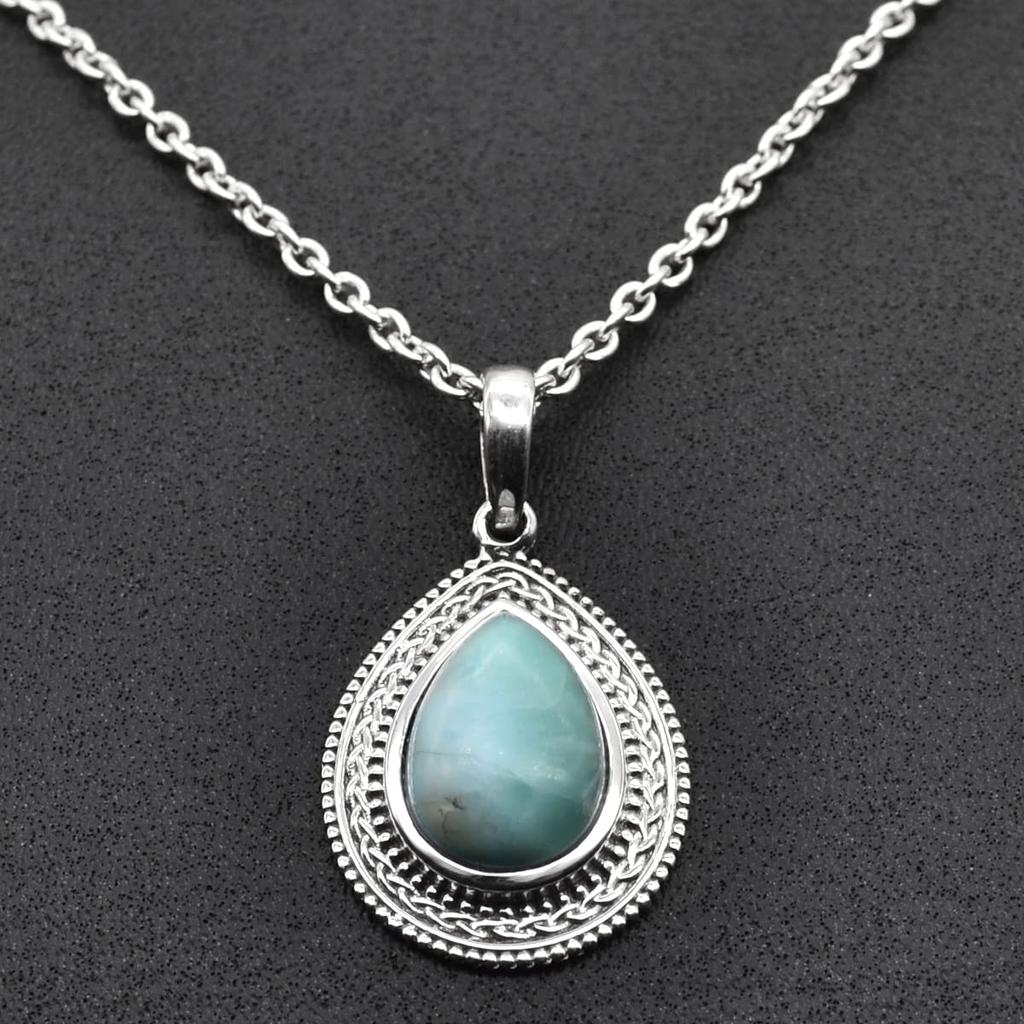 Pear Cabochon Larimar (5 Cts) Pendant Necklace Solid 925 Sterling Silver Gemstone Pendant with Chain Jewelry For Women or Girls