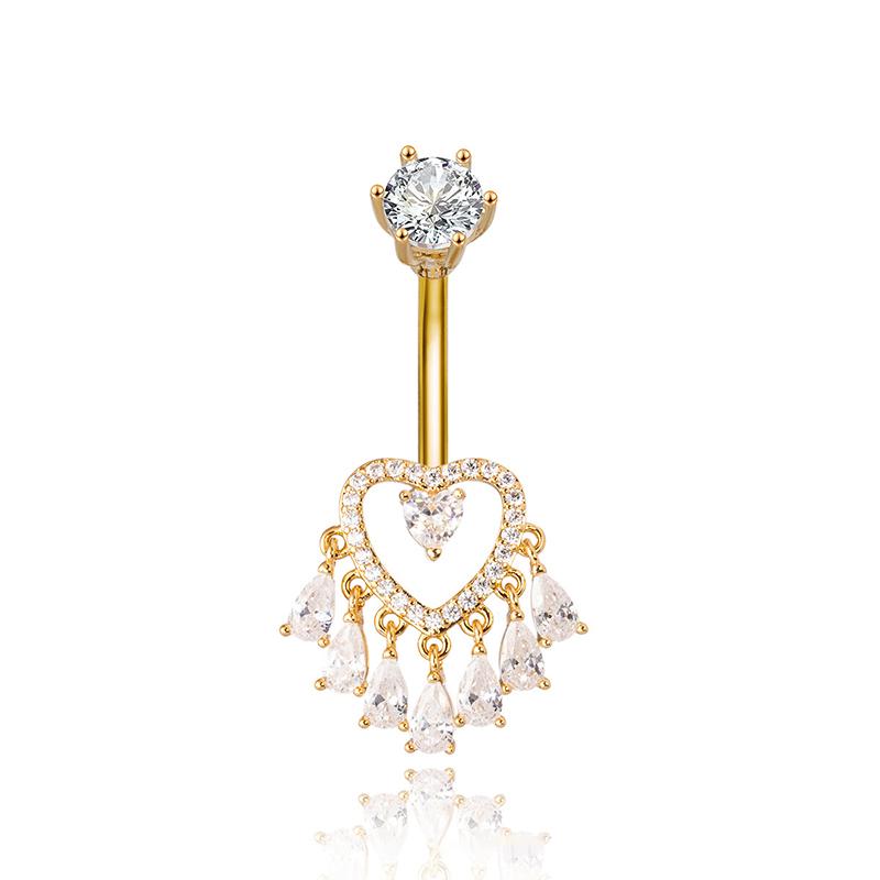 Anneaux de nombril en forme de cœur avec nœud et zircon, piercing de nombril avec pompons en strass, barre de nombril pour femmes, bijoux de corps