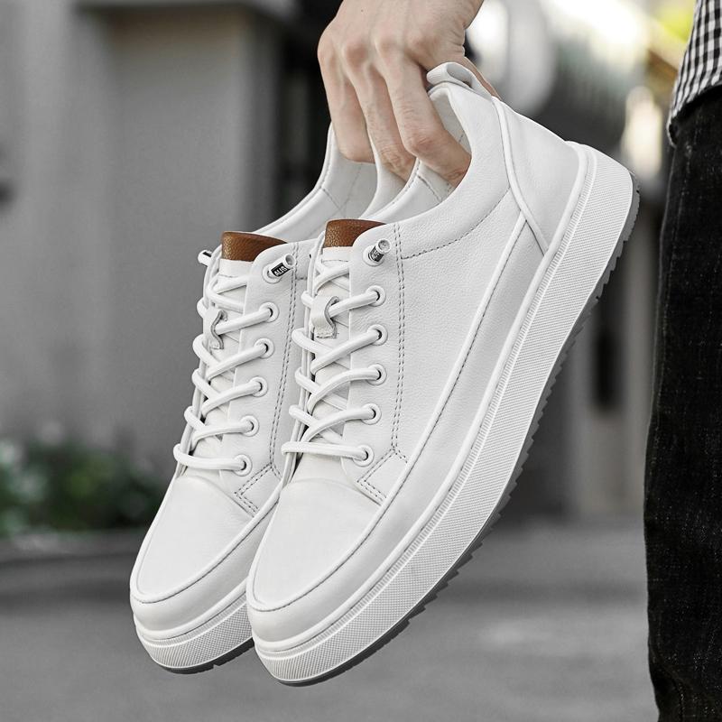 

Fashion High Quality Skateboard Shoes Casual Brand Footwear Genuine Leather Flat Shoes Men Non-Slip Walking Flats Lace-Up Men Sneakers 44 белый